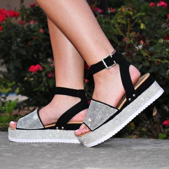 NEW Bling Silver Rhinestone Peep Toe Flat Platform Wedge Heel Sandal Ankle Strap - Picture 3 of 12